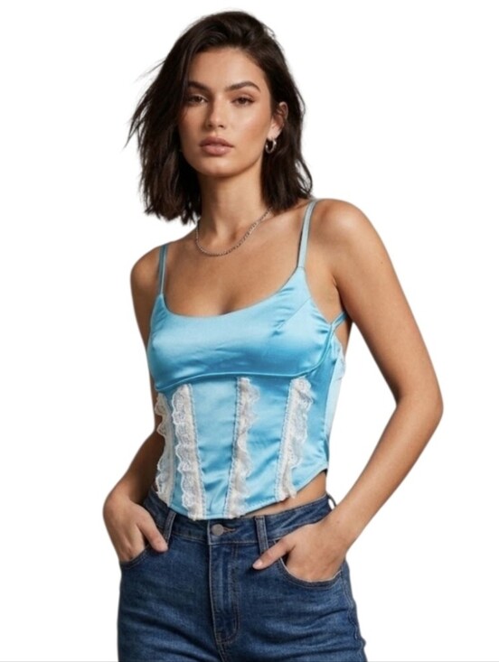 Fashion Nova Tops - Blue Satin Crop Corset Tank Top with Back Zip